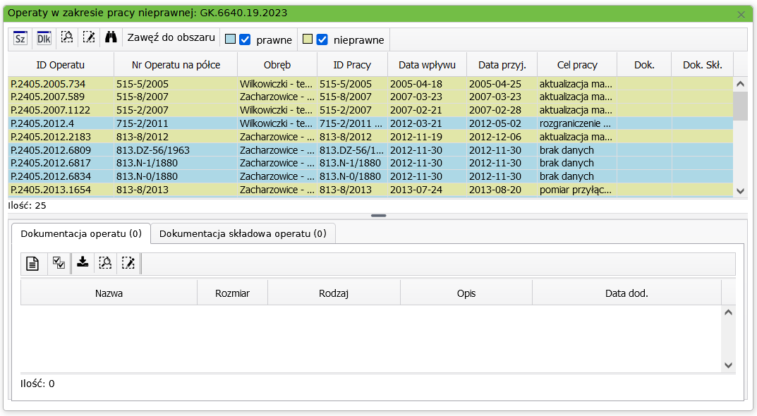 Widok okna z wylistowanymi operatami w zakresie pracy