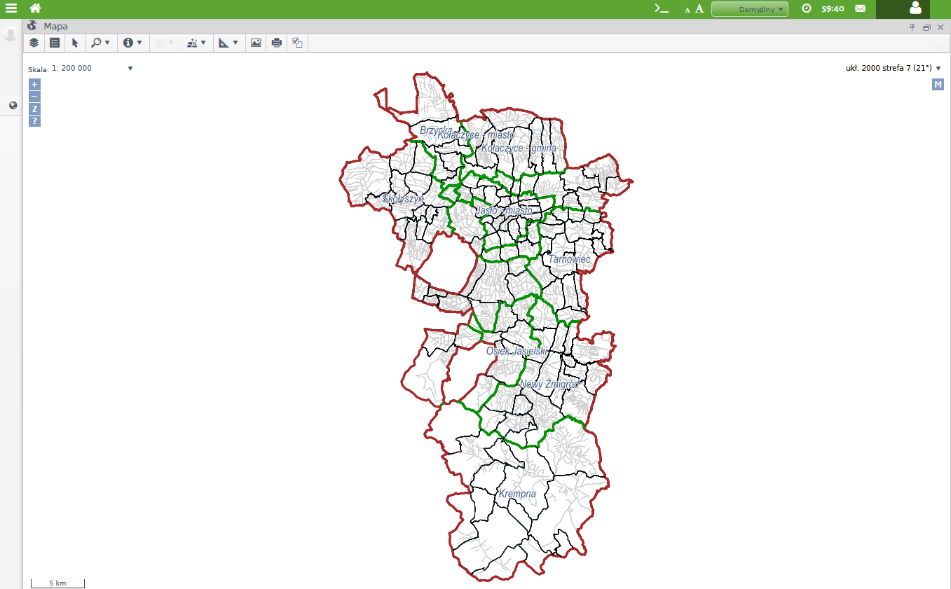 Widok okna przeglądarki z uruchomionym portalem mapowym z wyświetloną mapą powiatu